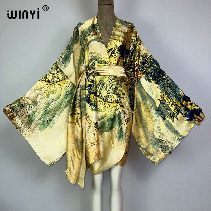 Cover Up Kaftan - WINYI Africa Kimono Chinese Oil Painting