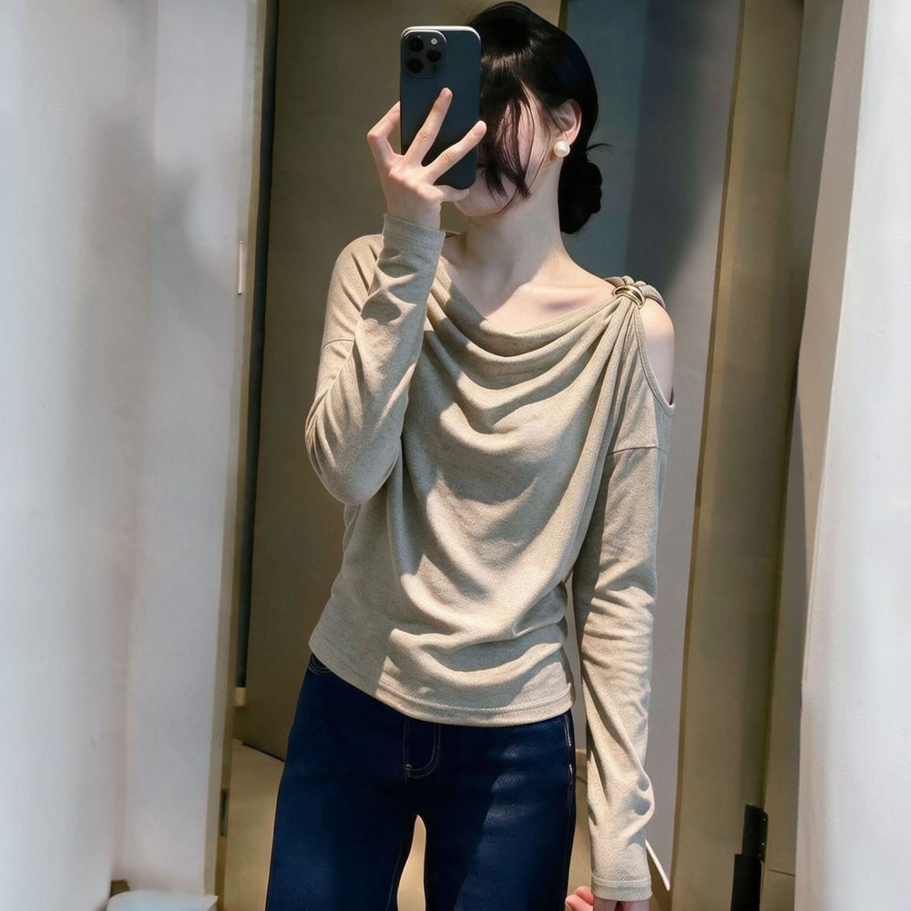 Blouse Off Shoulder - Women Slimming Long Sleeve Top Draped