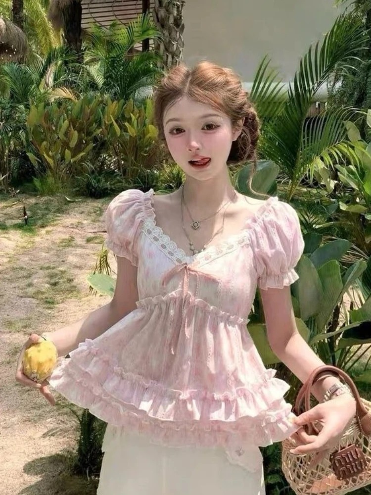 Blouse Off Shoulder - Summer New France Pink Floral Bubble