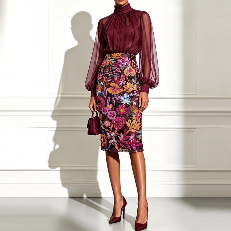 Sexy High Neck Sheer Mesh Blou - Midi Skirt Floral recension och pris