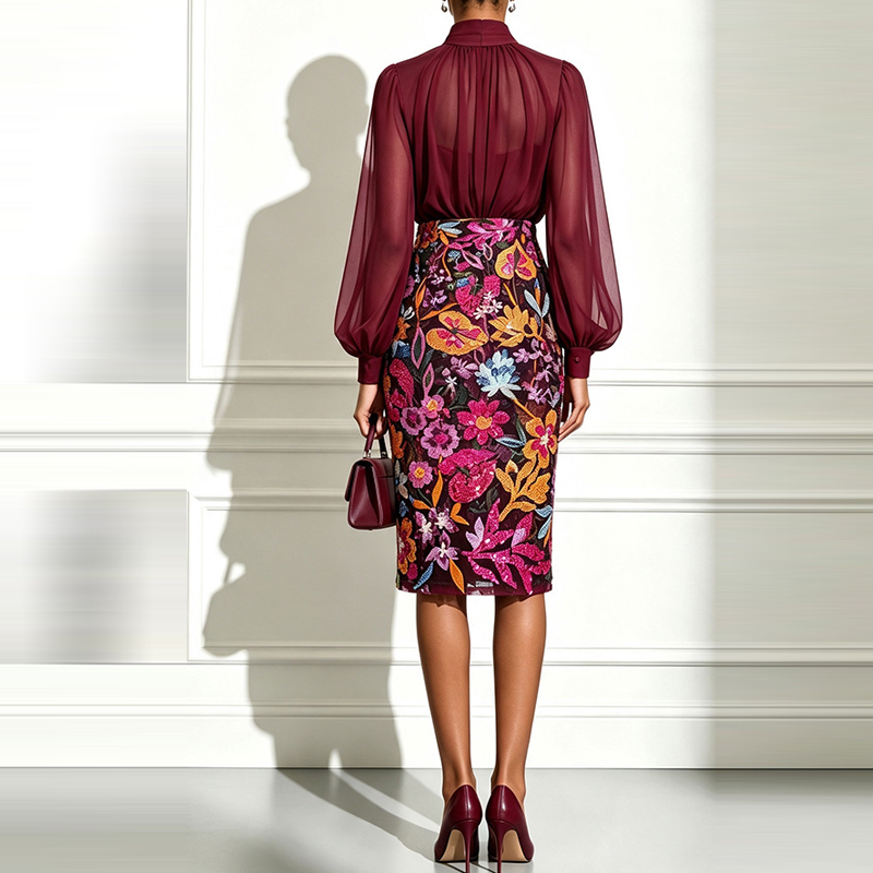 Sexy High Neck Sheer Mesh Blou - Midi Skirt Floral recension och pris