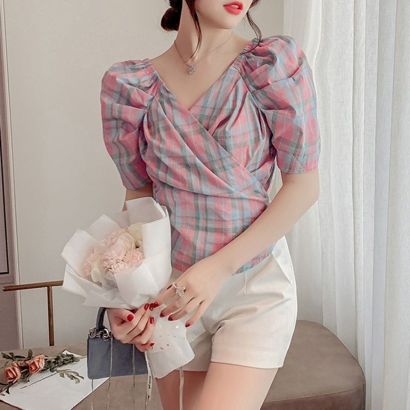 Parisian Plaid Short Sleeve Cr - Blouse Off Shoulder recension och pris